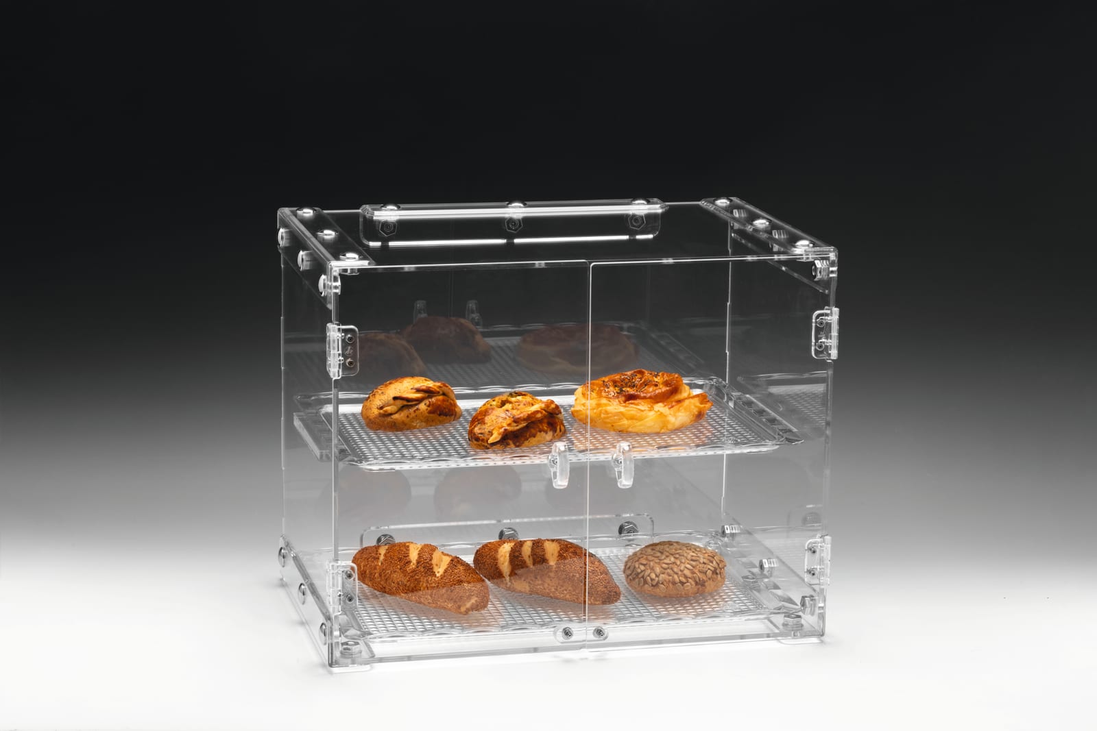 ZCP 263 — POLYCARBONAT TEPSİLİ TEŞHİR STANDI 45 x 31 x H: 46 cm