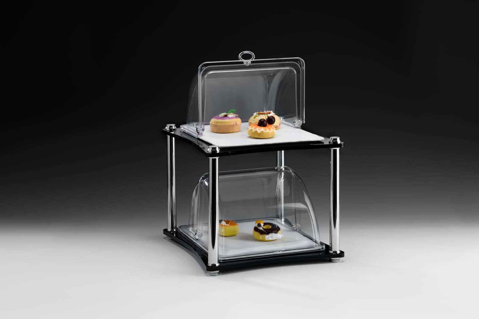ZCP 883 — 2 KATLI MELAMİN TEPSİLİ KAPAKLI AKRİLİK STAND / GN 1/2 34 x 39 x H: 47 cm