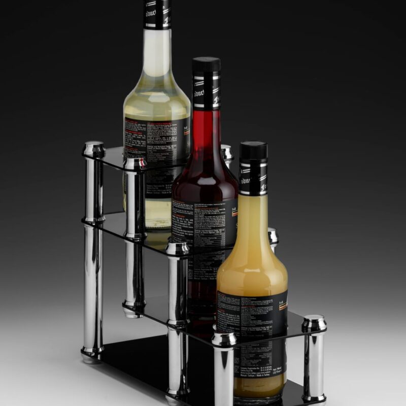 ZCP 889 — 3’LÜ ŞURUP ŞİŞE STANDI - ACRYLIC BOTTLE STAND 15 x 33 x H: 26 cm